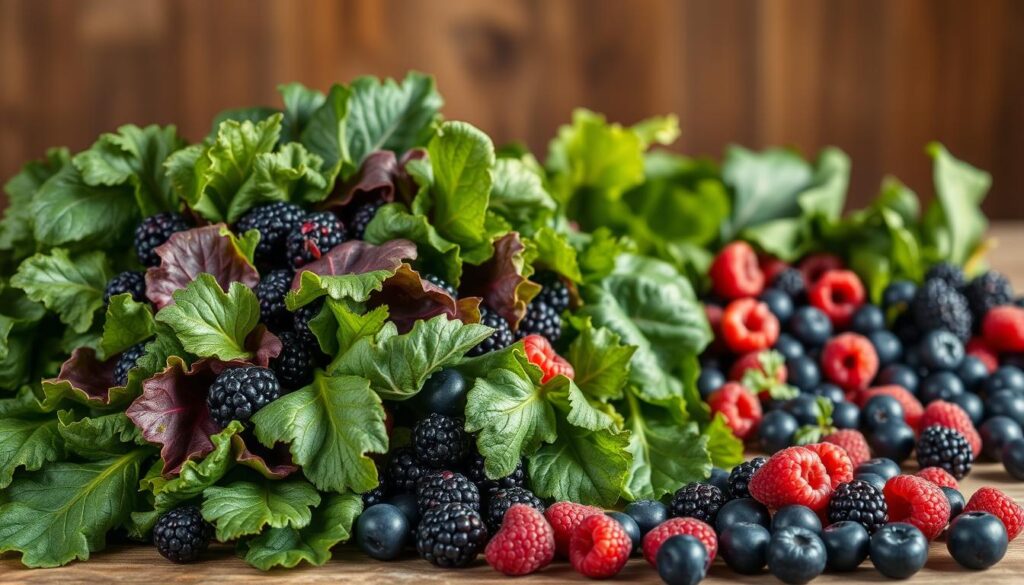leafy greens and berries