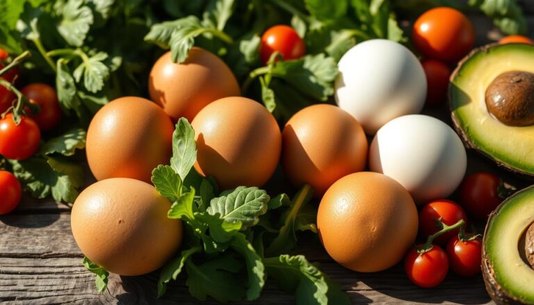 A close-up photo of brown and white eggs arranged on a rustic wooden table, surrounded by fresh spinach, cherry tomatoes, and sliced avocado, bathed in natural sunlight.